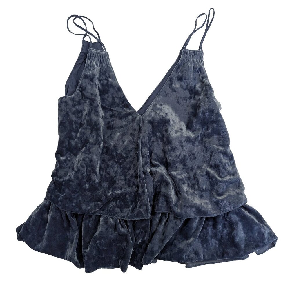 NWT Aerie Flowy Velvet Cami XXS Navy Blue with Ruffle, Crushed Velvet
